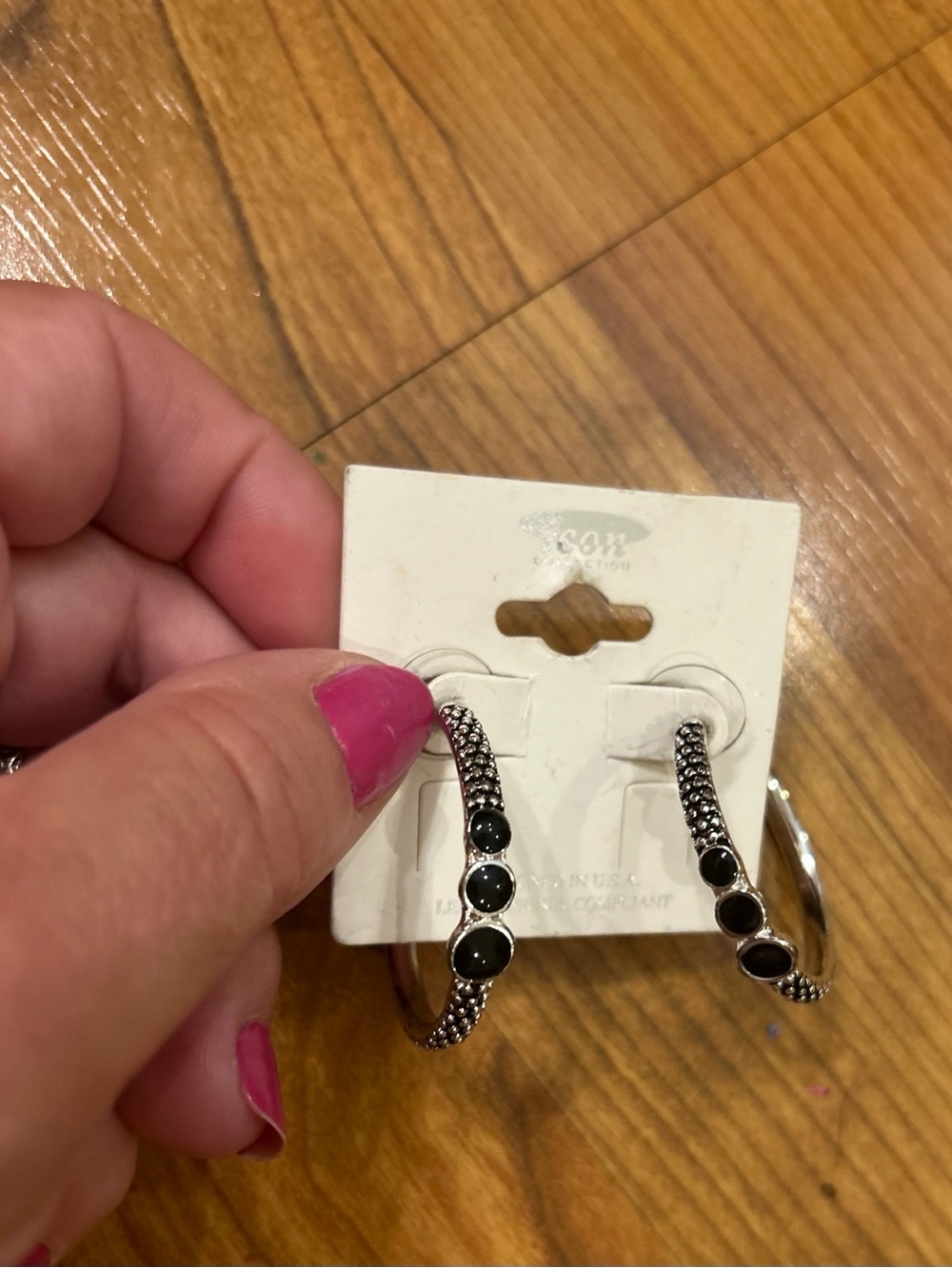 ICON Silver Hoop Earrings with Black Stones